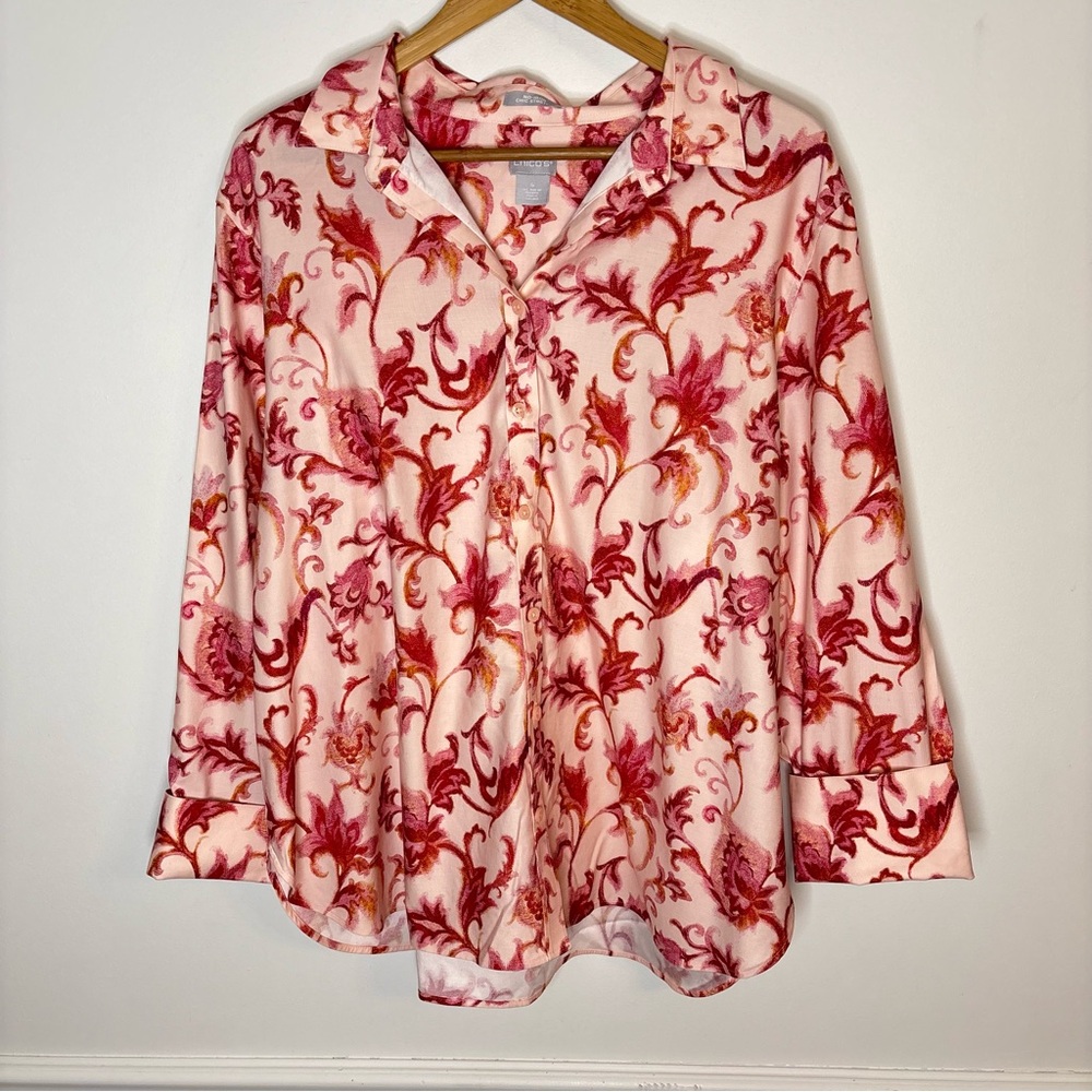 Chico's 3 Women’s Floral No Iron Button Down Shirt Wide Cuff Size 2XL  a6